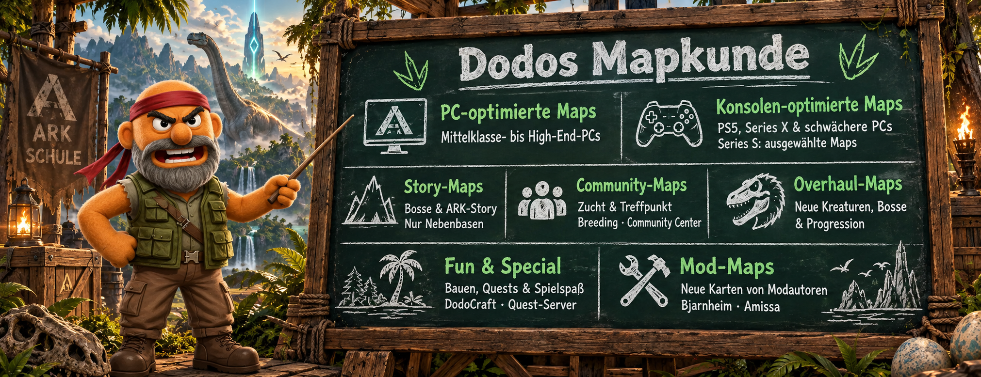 Dodos Mapkunde: Dodo erklärt als Lehrer mit Zeigestock sieben Maptypen auf einer großen Schultafel in einer ARK-Landschaft.