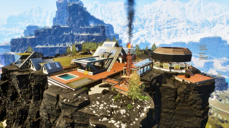 ARK-Screenshot von Bendas großer Base vor einer Bergkulisse