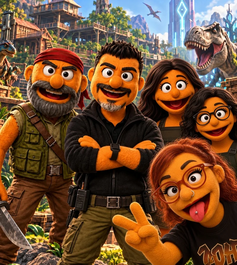 Das erste Gruppenbild mit Stoffpuppen-Avataren von Dodo, Sasshi und Mitspielern