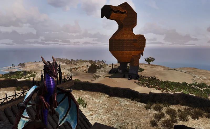 ARK-Screenshot eines großen dodo-förmigen Gebäudes am Wasser