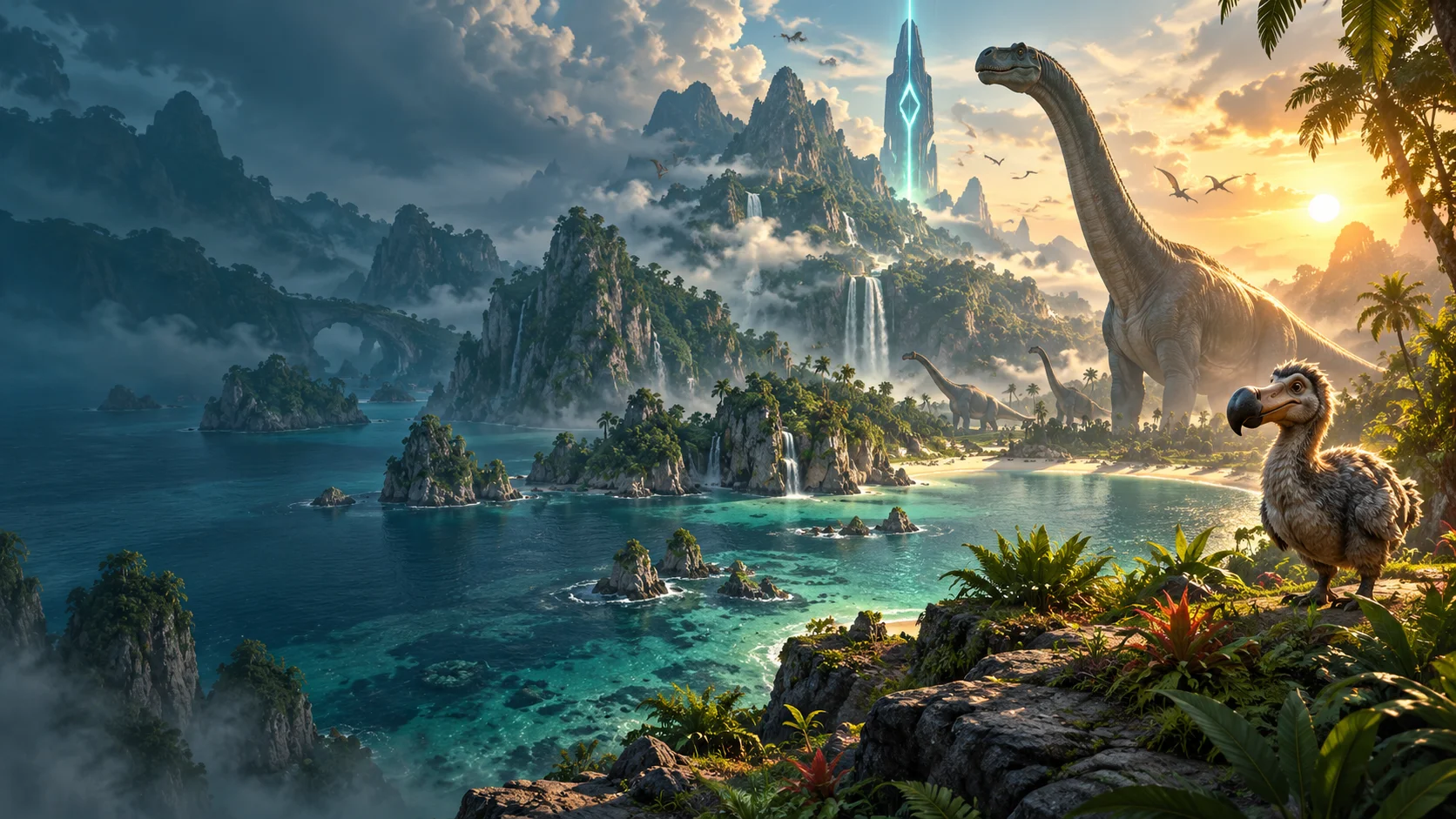 Urzeitinsel mit Dinosauriern, Dodo und leuchtendem Obelisken